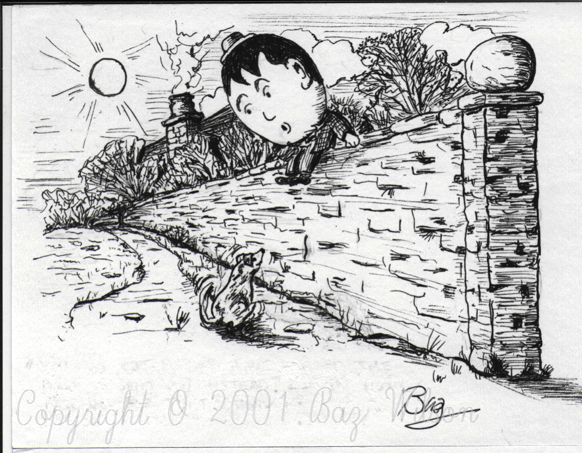     `Humpty Dumpty 
           and the
         Stray Dog`  
              
              ( Ink )
copyright:Barry Wilson:
              2001
`please click to return`